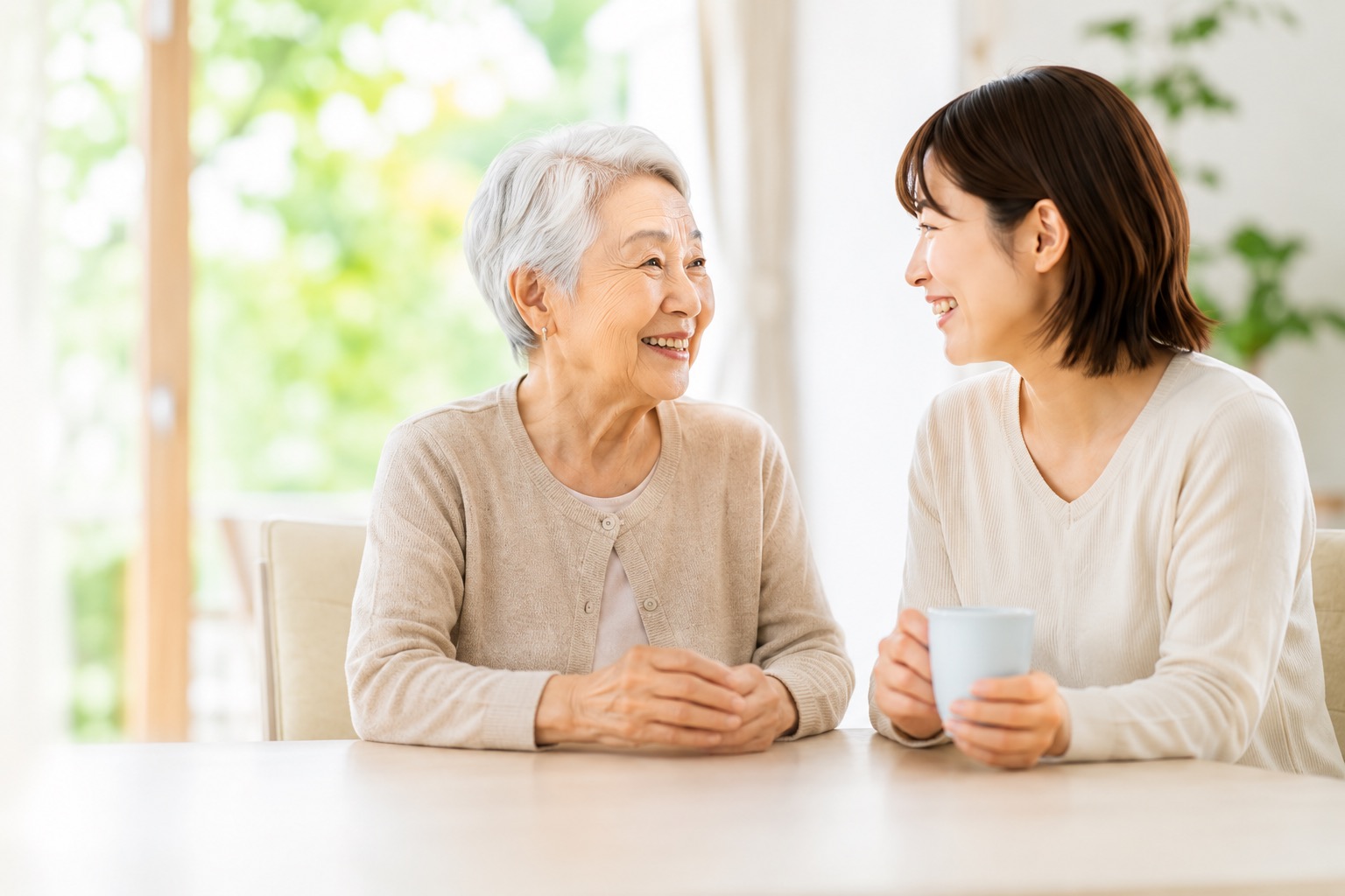 窓辺で談笑する高齢の母と娘